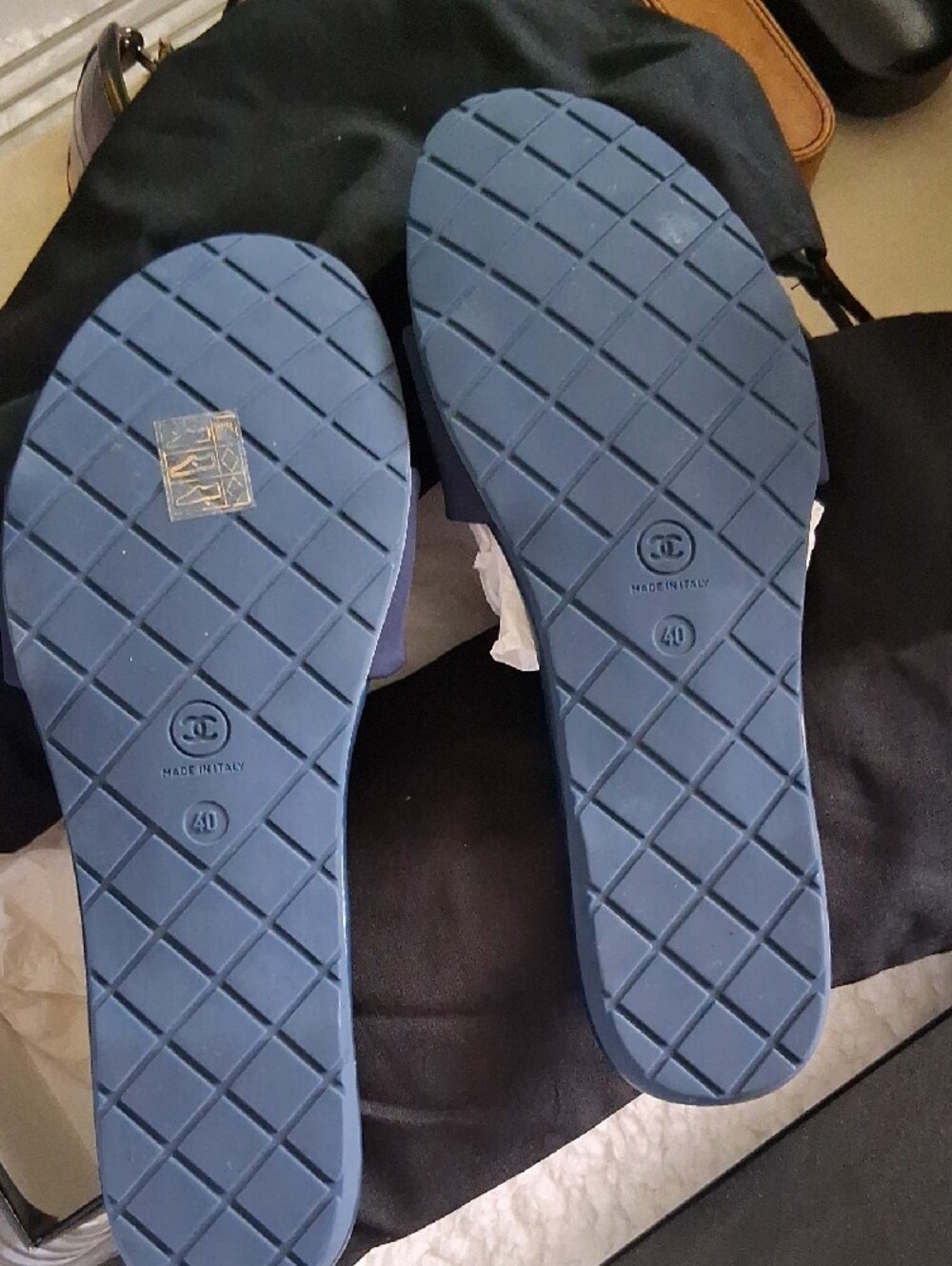 CHANEL Navy, Orange & Blue Logo Slide Sandals - Picture 2 of 6
